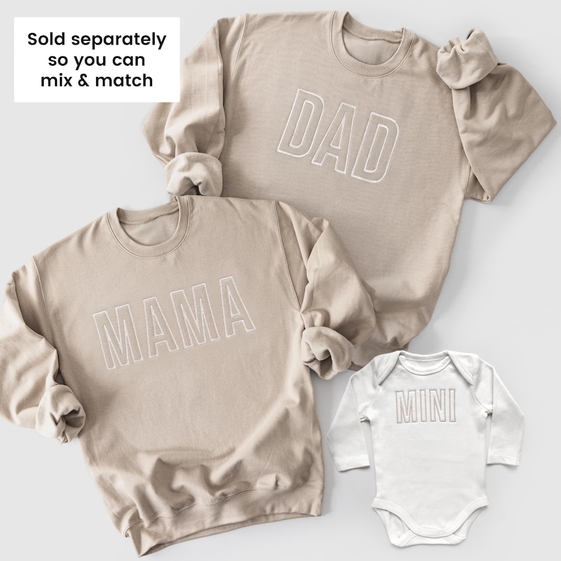 Embroidered Mama Dad Mini Matching Sweatshirts, Family Matching Outfits with Baby Bodysuit or Romper, Coming Home Set image 2