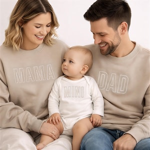 Embroidered Mama Dad Mini Matching Sweatshirts, Family Matching Outfits with Baby Bodysuit or Romper, Coming Home Set image 1