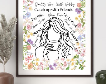 Impression numérique d'oeuvres d'art murales - Poster de soins personnels pour café - Décoration florale imprimable moderne - Oeuvre d'art citation vie de famille - Plusieurs tailles