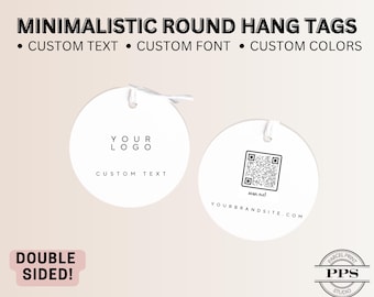 Etiquetas colgantes redondas minimalistas con logotipo personalizado, etiquetas de producto de doble cara, etiquetas colgantes con código QR, etiquetas de embalaje personalizadas / Parcel & Print Studio