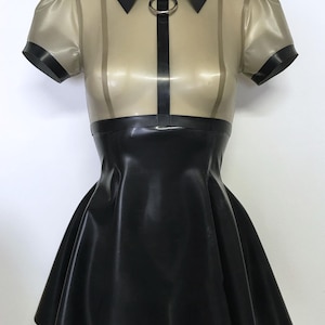 Latex Skater Dress with O-Ring Collar – Handmade Black & Sheer Cloud Grey Fetish Dress, Puff Sleeves, Concealed Zip Back