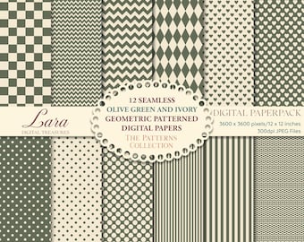 Geometric Pattern Digital Paper: Dark Green & Ivory Scrapbook Designs (12x12, 300dpi) (Digital Download)