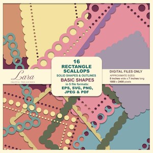 May include: A digital design featuring 16 rectangle scallops in various colors, including pink, yellow, and teal. The image includes text indicating the file formats: EPS, SVG, PNG, JPEG & PDF. Approximate sizes: 5 inches wide x 7 inches long.