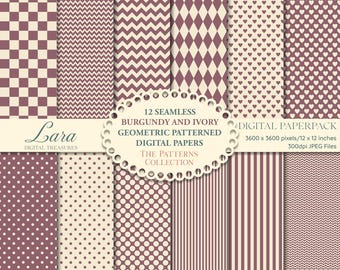 Geometric Pattern Digital Paper: Burgundy & Ivory Scrapbook Designs (12x12, 300dpi) (Digital Download)