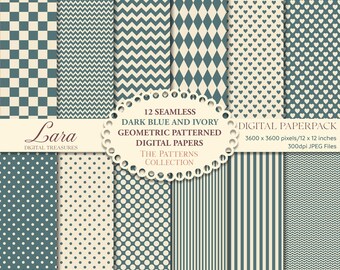 Geometric Pattern Digital Paper: Dark Blue & Ivory Scrapbook Designs (12x12, 300dpi) (Digital Download)