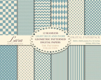 Digitaal papier met geometrisch patroon: lichtblauwe en ivoorkleurige plakboekontwerpen (12 x 12, 300 dpi) (digitale download)