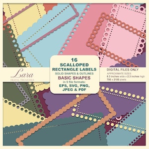 May include: A digital design featuring 16 scalloped rectangle labels in various colors, including pink, blue, and green. The image includes the text "16 Scalloped Rectangle Labels" and "Approximate Sizes: 6.3 inches wide x 2.3 inches high."