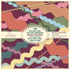 May include: Digital graphic design elements featuring 18 ric-rac and zig-zag borders in various colors, including pink, green, and orange. The image includes the text "Lara Digital Treasures" and details about file formats and sizes, 9 and 12 inches long.