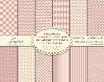 Geometric Scrapbook Paper: Dusky Pink & Ivory Patterns (12x12, 300dpi) (Digital Download)