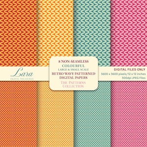 May include: Eight non-seamless digital papers with a retro wavy pattern in various colors, including orange, yellow, teal, and pink. The papers are labeled as "Digital Treasures" and are 3600 x 3600 pixels, or 12 x 12 inches.