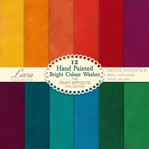 Puede incluir: Un paquete de papel digital con 12 lavados de color brillante pintados a mano. La imagen muestra tonos de amarillo, naranja, rojo, morado, verde azulado, azul y verde. También incluye el texto "Lara Digital Treasures" y "The Paint Effects Collection".