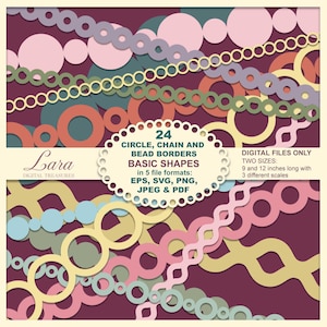 May include: Digital design featuring 24 circle, chain, and bead border basic shapes in various colors. The image includes text indicating the availability of the designs in 5 file formats and two sizes: 9 and 12 inches long.