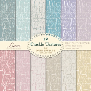 May include: A digital paperpack featuring twelve crackle textures in various pastel colors. The textures have a distressed, aged appearance with a network of fine cracks. The image includes the text "12 Crackle Textures" and "Digital Paperpack".