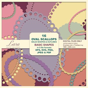 May include: Digital design featuring 16 oval scallops in various colors, including pink, purple, and yellow. The design includes solid shapes and outlines, available in EPS, SVG, PNG, JPEG, and PDF formats. Approximate sizes are 5 inches wide by 7 inches long.