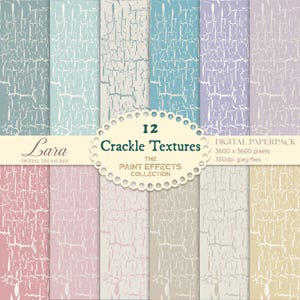 May include: A digital paperpack featuring twelve crackle textures in various pastel colors, including blue, pink, and beige. Each texture has a distressed, cracked paint effect. The image includes the text "12 Crackle Textures" and "Digital Paperpack".