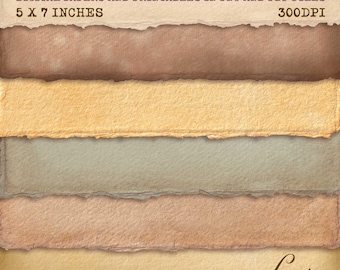 Op de afbeelding: Zes perkamentpapier in vintage-stijl in verschillende aardetinten, waaronder bruin, beige en bruin. De papieren hebben een ontwerp met gescheurde randen en zijn 12,7 x 17,8 cm groot. De afbeelding bevat ook de tekst "Digital Papers and Printables in PNG and PDF files" en "300DPI".
