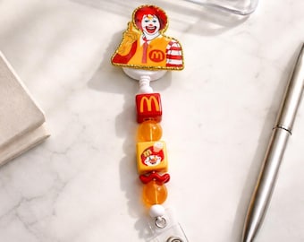 Portatarjetas con diseño de comida rápida / Soporte para credenciales con forma de payaso / Portatarjetas con cuentas rojas y amarillas / Accesorio divertido para enfermeras y maestras