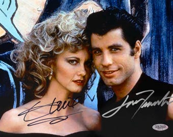 Gesigneerde Grease-foto (2,4 x 2,5 cm) van John Travolta en Olivia Newton-John met echtheidscertificaat.