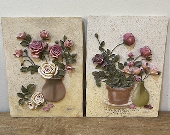 Vintage Cheri Blum 3D Floral Wall Plaques Roses Resin Relief Art Tile Set of 2