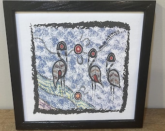 Aboriginal Style Bird Art Framed "Jabiru Meeting Place" Andi Australian Folk Art