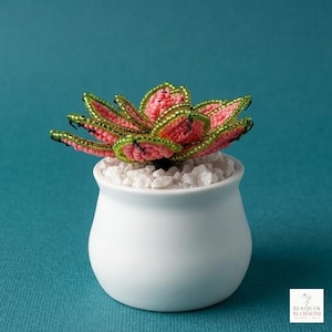 Pode incluir: Uma planta suculenta artesanal com contas em um vaso de cerâmica branco cheio de seixos brancos. A suculenta apresenta folhas de contas rosa e verde. O vaso está sobre uma superfície azul-petróleo. A imagem é bem iluminada.