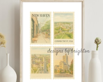 New Haven CT Vintage Stamp Print Set | Watercolor Travel Art (Digital Download)