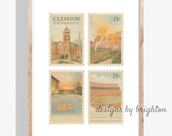 Clemson University Digital Print - Vintage Stamp Style College Town Wall Art, Instant Download