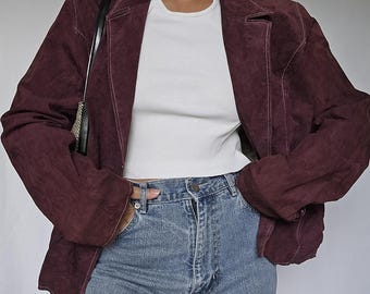 Handmade Burgundy Suede Leather Blazer Coat-Women's Oversized Real Red Leather Jacket-Vintage 90s Retro Boho Jacket