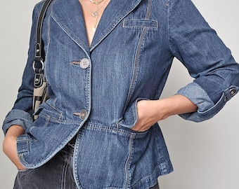 Blazer jeans azul feminino, casaco jeans vintage com lapela entalhada, jaqueta jeans casual ajustada, blazer jeans com botões, moda urbana Y2K