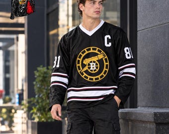 Maillot de hockey inspiré par la rivalité intense, haut unisexe noir à manches longues et col en V