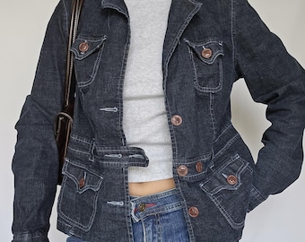 Women’s Dark Wash Denim Jacket–Vintage 90s Blue Jean Jacket–Handmade Denim Blazer–Casual Streetwear–Classic Button Up Retro Jacket