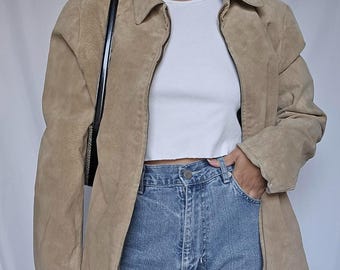 Women’s Tan Suede Oversized Jacket-90s Retro Vintage Leather Jacket-Handmade Beige Shirt Collar Coat-Gift For Her.
