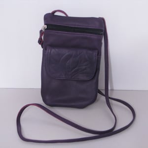 Purple cowhide leather crossbody or over the shoulder cell phone bag