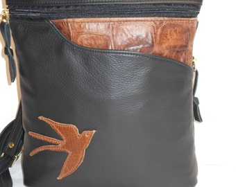 Crossbody black and brown leather shoulder birdie bag