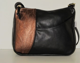 Black leather bag with copper metalic accent, cross-body cowhide womens purse