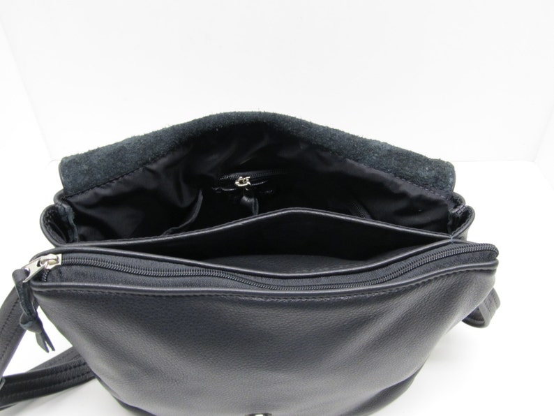 Black and brown bag leather cowhide divider shoulder bag messenger shopper womens iPad tablet kindle purse image 3