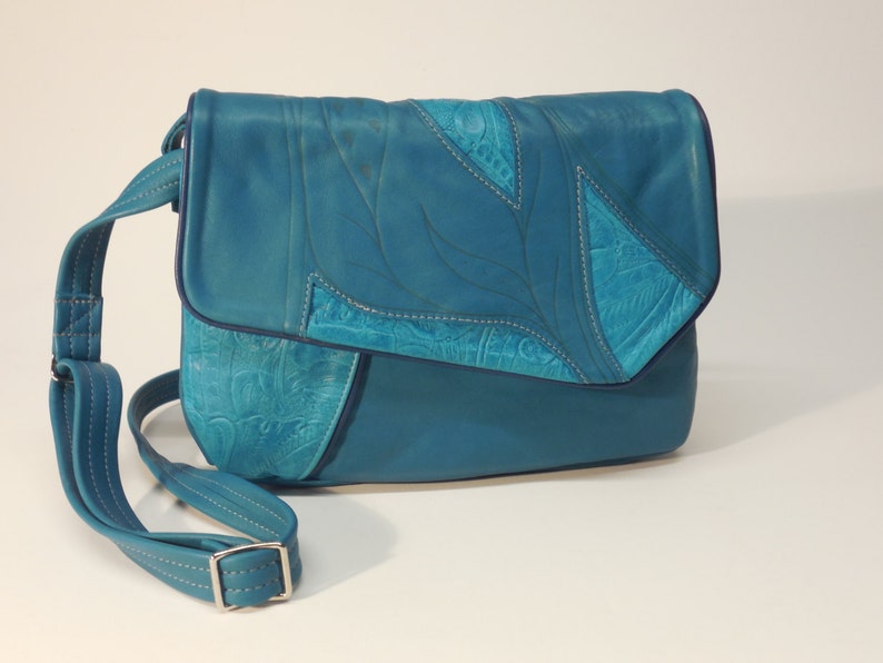 Handmade turquoise cowhide, leather, shoulder, cross-body, bag, purse, handbag. image 2