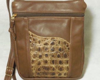 Women's brown leather shoulder, or cross-body bag with croco accent pocket