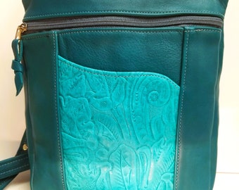 Women's turquoise leather shoulder, or cross-body bag with embossed accent pocket