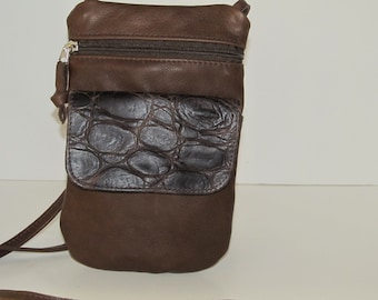 brown leather purse crossbody bag croco print embossed womens adjustable strap lined bag