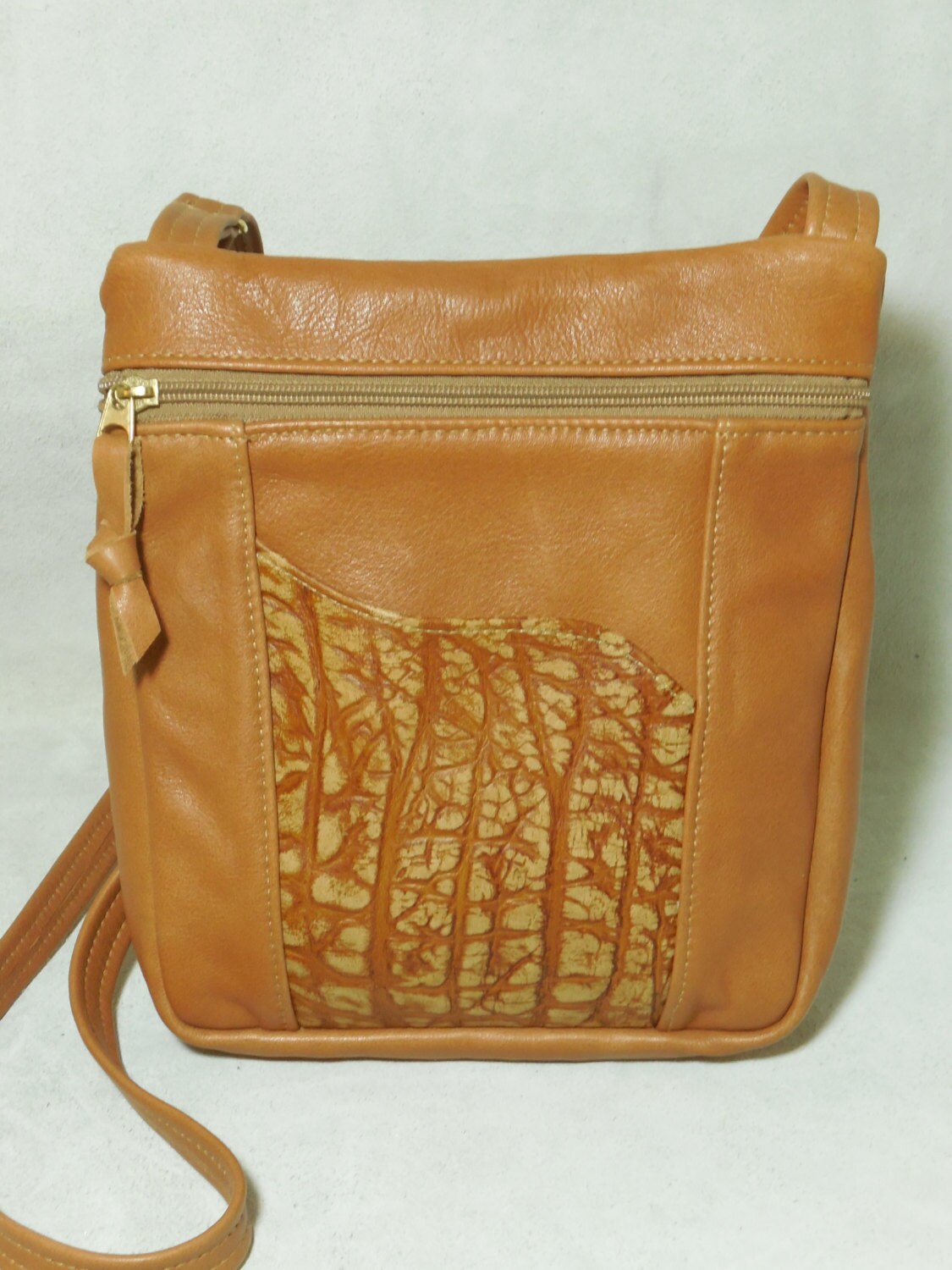 Camel Colored Leather Shoulder Bag, Cross-body Bag, With Embossed ...