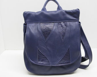 Purple leather backpack or messenger bag or purse shoulder crossbody convertable bag womens