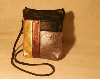 black leather womens shoulder, cross-body bag with metallic leathers