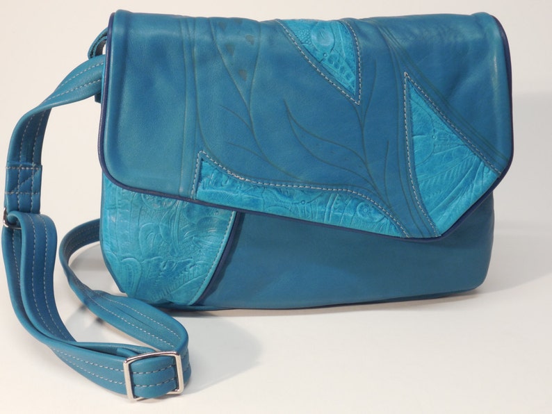 Handmade turquoise cowhide, leather, shoulder, cross-body, bag, purse, handbag. image 1