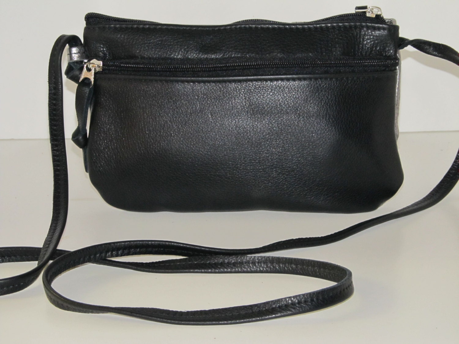 Black Leather Purse Crossbody Bag With Silver Metallic Etsy