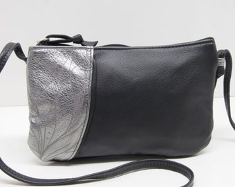 Black leather purse, cross-body bag  with silver metallic