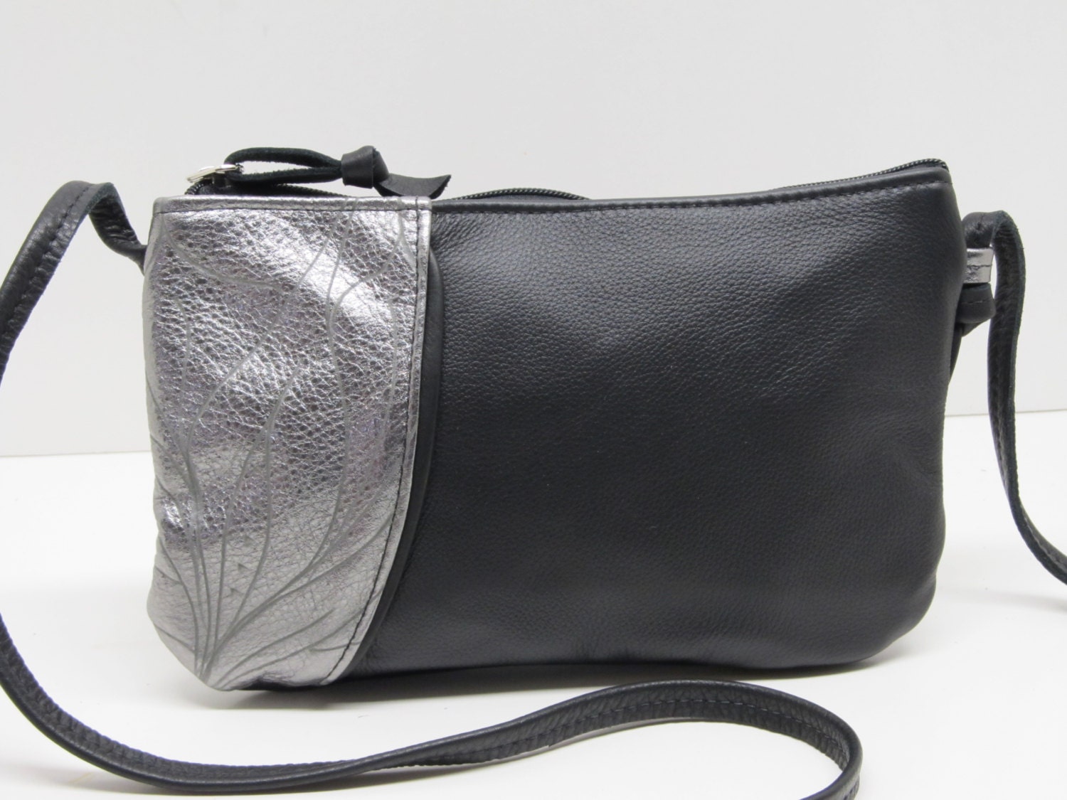 Black Leather Purse Crossbody Bag With Silver Metallic Etsy