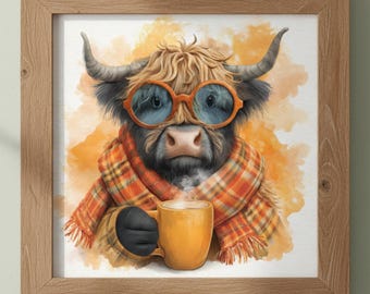 Highland Cow Coffee Art Print: Funny Farmhouse Fall Decor (Digital Download)