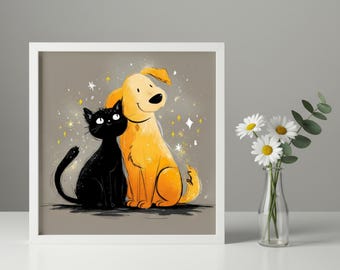 Black Cat and Golden Retriever Print: Square Pet Wall Art (Digital Download)