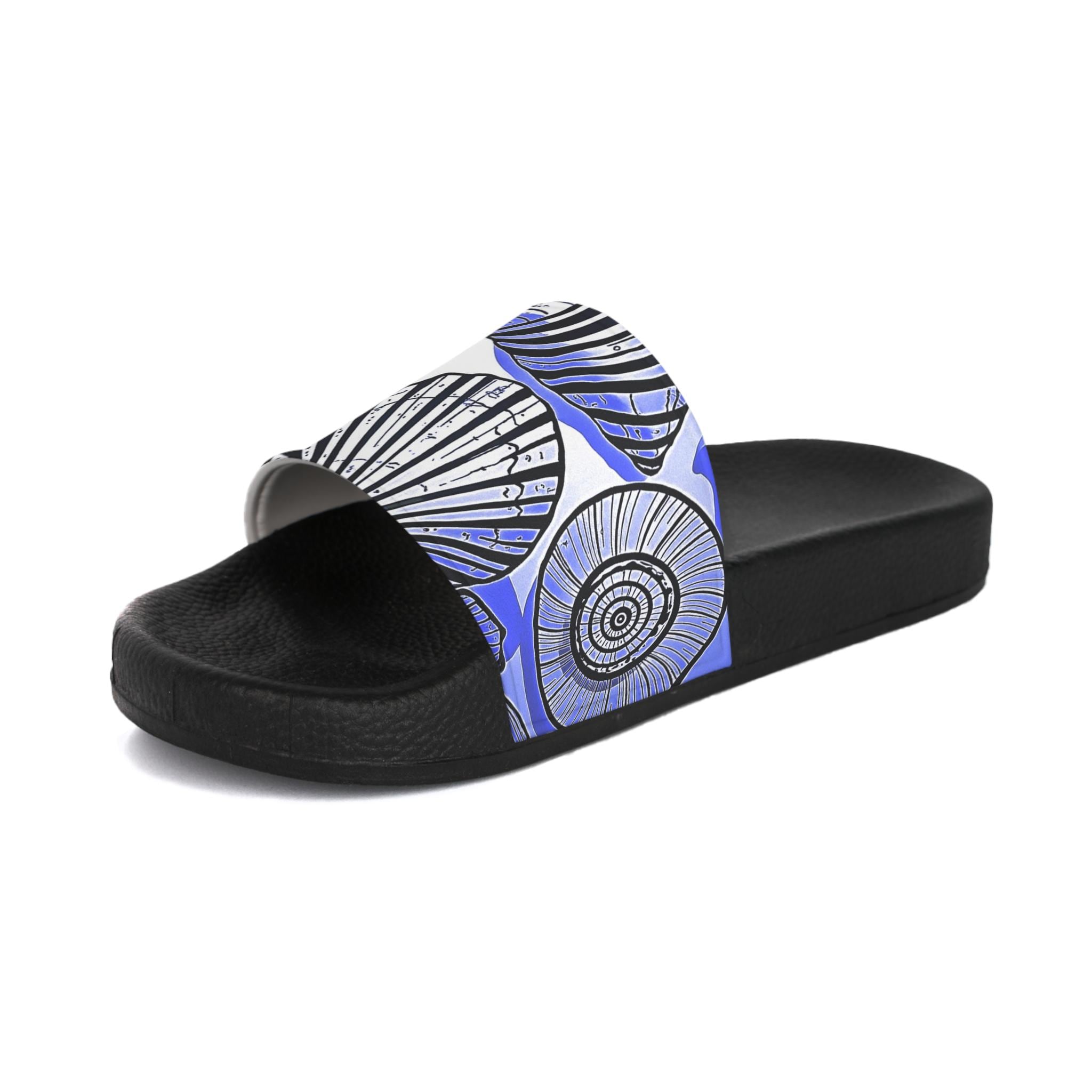 Nautical Seashell Pattern Slide Sandals | Blue Shell Graphic Slides